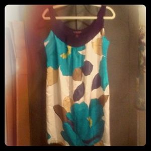 Silky tank dress with aqua flowers Ivory backgroun
